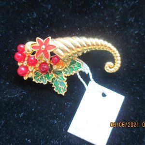 MMOA Cornucopia Pin/Brooch/18K Gold Overlay/Enamel/Crystal
